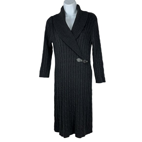 Ellen Tracy Gray Cable Knit Sweater Dress With Buckle Detail Size Medium - Picture 1 of 9